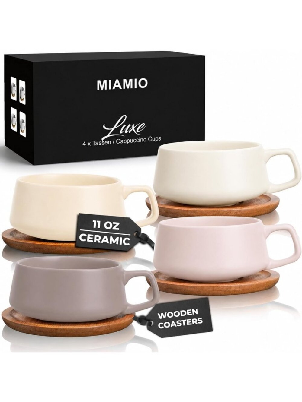 Set of 4 Luxe Ceramic Cappuccino Mugs - Elegant Cream Rose 9.5oz Coffee Cups
